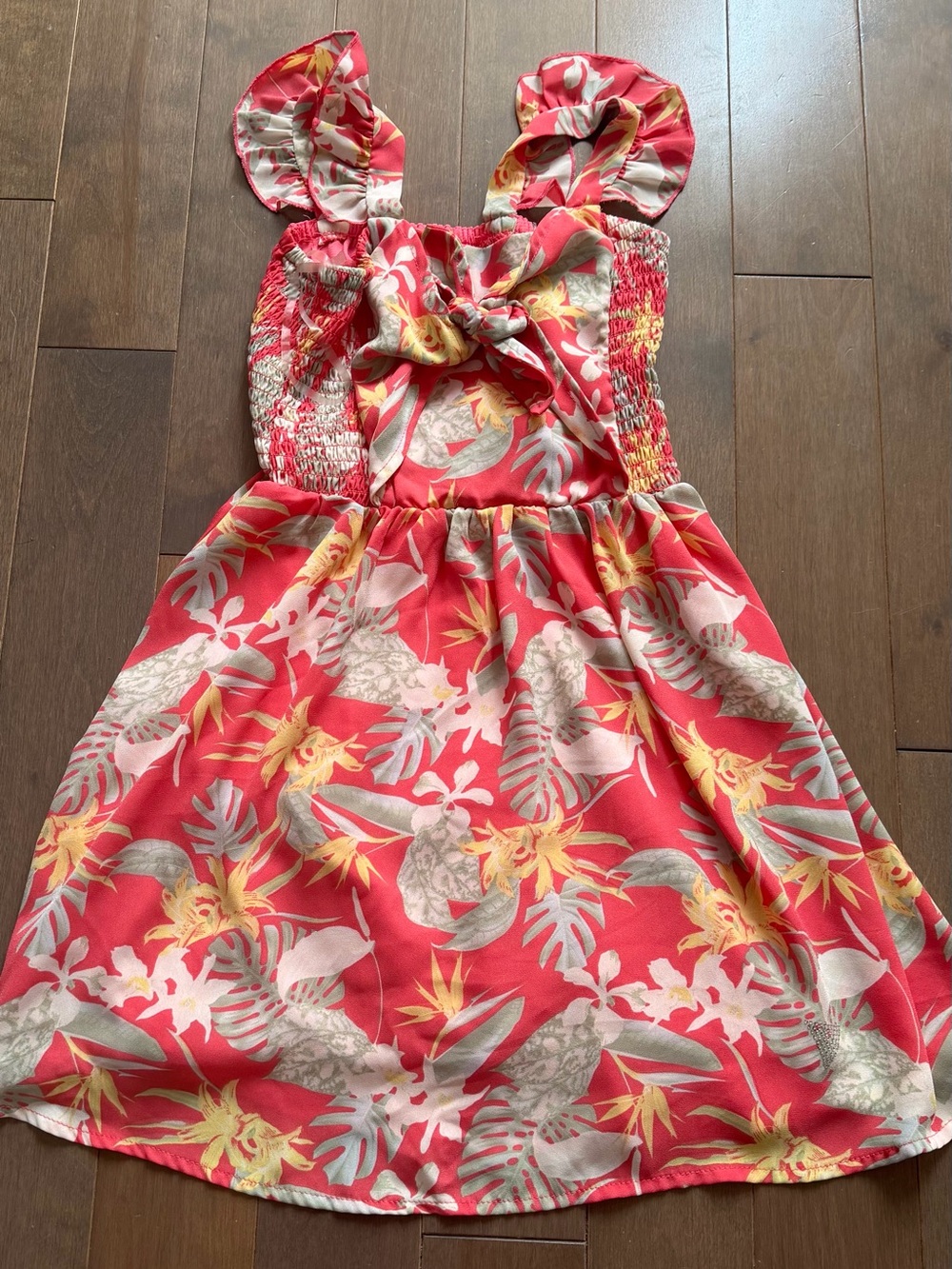 Guess Coral Tropical Floral Sundress with Yellow and Gray Accents